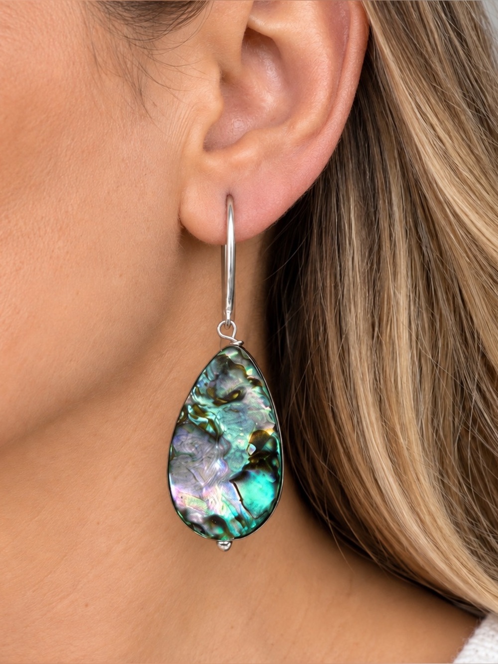 Estate Abalone Shell Silver Dangle Hook Earrings PRETTY